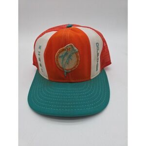 Vtg 80s Miami Dolphins Lucky Stripes Mesh Snapback Trucker Hat Orange Teal USA